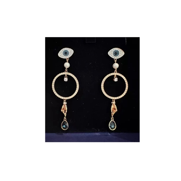 Stunning Authentic Swarovski Crystal Evil Eye Symbolic Hoop Rose Gold Earrings - Picture 3 of 5
